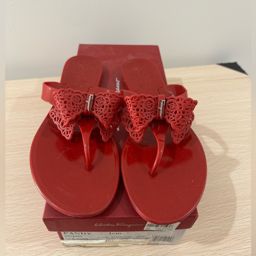 Salvatore Ferragamo Red Lace Bow Sandals